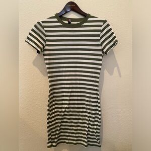 Olive green and white striped shirt dress